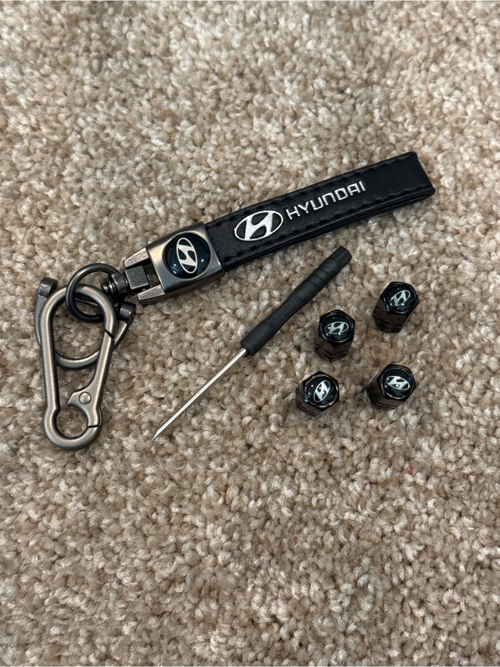 Hyundai Black Leather Keychain with Tire Valve Stem Caps